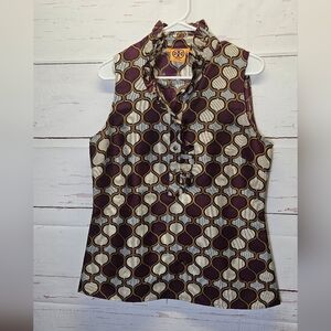 Tory Burch Purple and Cream Geometric Sleeveless Top Size 12 ECU 100% Silk